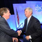5a Rogers, BrianMF05_web 05.15.12- BALTIMORE, MD- L and R- Photo of John Frisch, Miles & Stockbridge, shaking the hand of Brian C. Rogers, Chairman, T. Rowe Price Group, Inc., and Incoming GBC Chairman, shown here at the 2012 GBC Annual Meeting. (Maximilian Franz/The Daily Record)