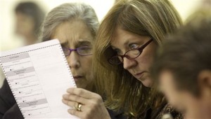 Alaska Elections Division Director Gail Fenumiai, right, and Assistant Attorney General Sarah Felix look over a ballot Wednesday, Nov. 10, 2010, in Juneau, Alaska. Election officials planned to begin poring over more than 92,500 write-in ballots in the Alaska Senate race on Wednesday, in spite of a federal lawsuit that's challenging the way the count was to be conducted. 