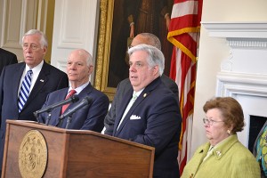 Gov. Larry Hogan speaks Monday, with, from left, Rep. Steny Hoyer, Sen. Ben Cardin, Lt. Gov. Boyd Rutherford and Sen. Barbara Mikulski. (The Daily Record / Bryan P. Sears)