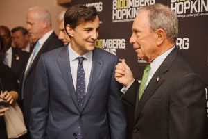 Johns Hopkins University President Ronald Daniels, left, with Michael R. Bloomberg in 2016. (File Photo)