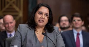 FILE - In this Feb. 5, 2017 file photo, Neomi Rao, President Donald Trump's nominee for a seat on the D.C. Circuit Court of Appeals, appears before the Senate Judiciary Committee for her confirmation hearing, on Capitol Hill in Washington. The Senate Judiciary Committee has voted to advance President Donald Trump's nominee to replace Brett Kavanaugh on a high-profile appeals court. The committee voted 12-10 along party lines Thursday to endorse Neomi Rao for a seat on the U.S. Circuit Court of Appeals for the District of Columbia Circuit. (AP Photo/J. Scott Applewhite)