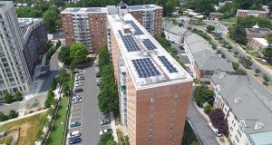 A new 122-kilowatt solar photovoltaic system is on the roof of the 310-unit, 12-story Blair House, on 16th Street in Silver Spring. (Prospect Solar photo)