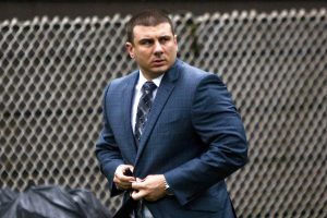 FILE - In this May 13, 2019, file photo, New York City Police Officer Daniel Pantaleo leaves his house in the Staten Island borough of New York. An administrative judge on Friday, Aug. 2,2019, has recommended firing Pantaleo, a New York City police officer accused of using a chokehold in the 2014 death of Eric Garner. (AP Photo/Eduardo Munoz Alvarez, File)