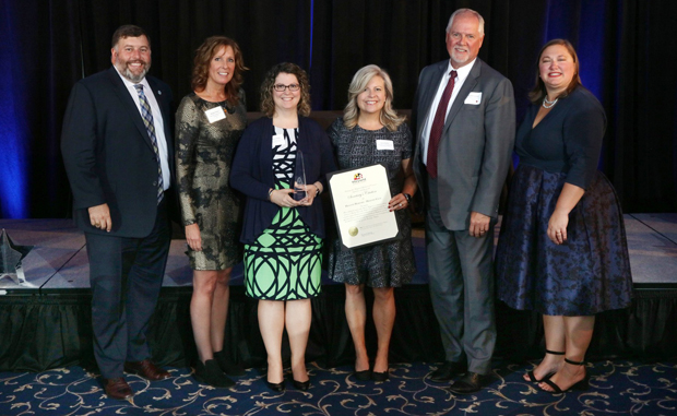 Joining the presentation of the Harford Award to Healthy Harford/Healthy Cecil were, from left, Len Parrish, director of the Harford County Office of Community and Economic Development; Brigitte Peters, senior business development representative with the Maryland Department of Commerce, who represented Commerce Secretary Kelly Schulz; Patricia Smith, RN, clinical coordinator with WATCH Program-Cecil County; Lisa Starkey, RN, clinical coordinator with Healthy Harford WATCH Program; Rod Kornrumpf, regional executive director-behavioral health with University of Maryland Upper Chesapeake Health; and Angela Rose, president and CEO of the Harford County Chamber of Commerce. (Photo courtesy of MidAtlantic Photographic LLC)