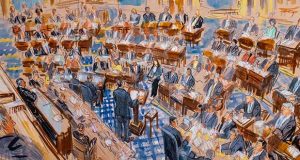 This artist sketch depicts White House counsel Pat Cipollone speaking in the Senate chamber during the impeachment trial against President Donald Trump on charges of abuse of power and obstruction of Congress, at the Capitol in Washington, Tuesday, Jan. 21, 2020. (Dana Verkouteren via AP)