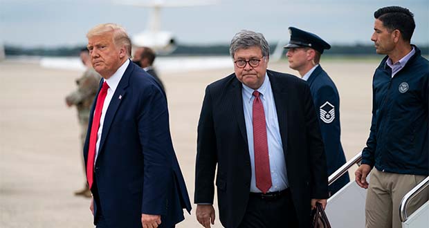 President Donald Trump, Attorney General William Barr and acting Homeland Security Secretary Chad Wolf arrive at Andrews Air Force Base after a trip to Kenosha, Wis., Tuesday, Sept. 1, 2020, at Andrews Air Force Base, Md. (AP Photo/Evan Vucci)
