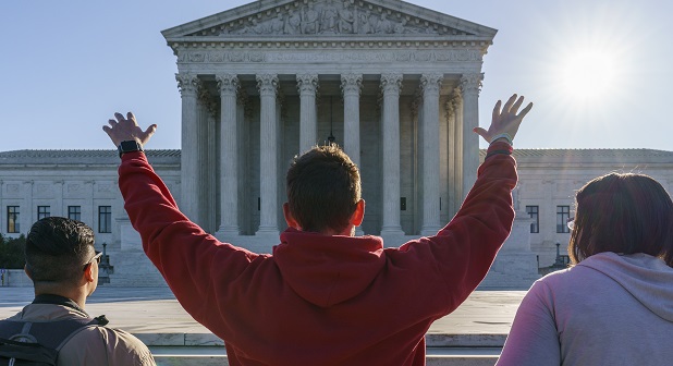 Anti-abortion activists with "Bound 4 Life" demonstrate at the Supreme Court in Washington, Monday, Oct. 5, 2020, as the justices begin a new term without the late Justice Ruth Bader Ginsburg. (AP Photo/J. Scott Applewhite))