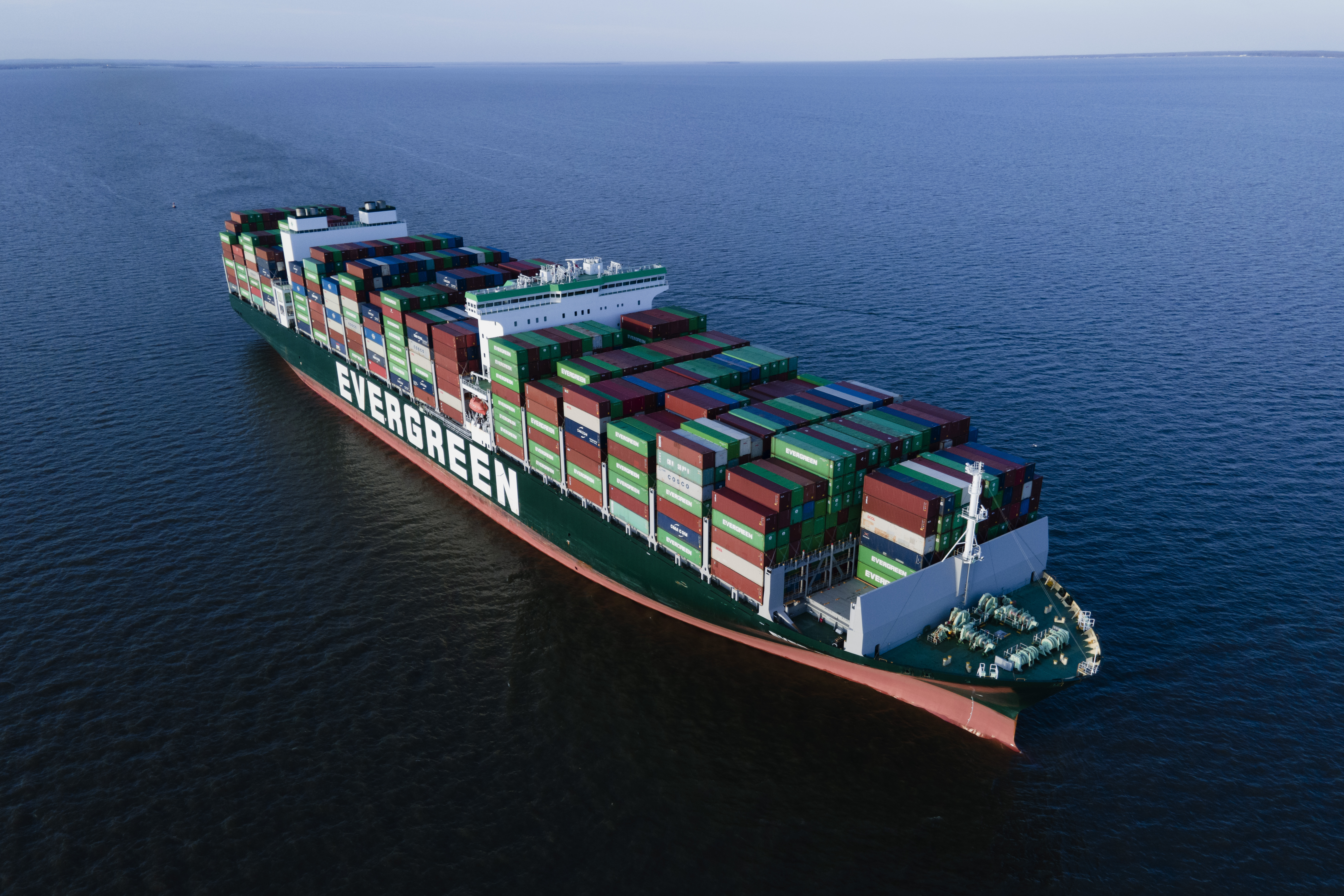 The container ship Ever Forward, which ran aground in the Chesapeake Bay off the coast near Pasadena the night before, is seen March 14, 2022. (AP Photo/Julio Cortez)