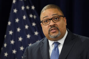 Manhattan District Attorney Alvin Bragg speaks at a news conference after the arraignment of former president Donald Trump in New York on April 4, 2023. (AP Photo/John Minchillo)
