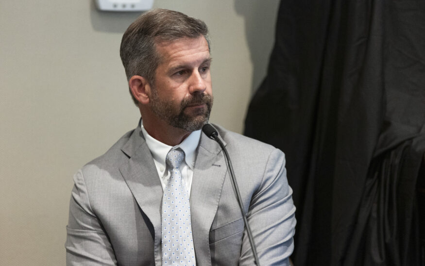 Witness Mark Tinsley, attorney for Mallory Beach's family, answers questions during Alex Murdaugh's double murder trial at the Colleton County Courthouse on Feb. 10, 2023, in Walterboro, South Carolina. (Joshua Boucher/The State via AP, Pool, File)