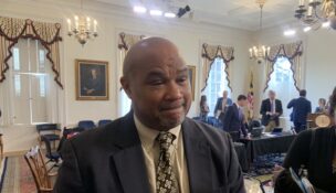 Maryland Treasurer Dereck Davis speaks to reporters in July about Camden Yards lease negotiations between the Baltimore Orioles and the Maryland Stadium Authority. (Jack Hogan/The Daily Record)