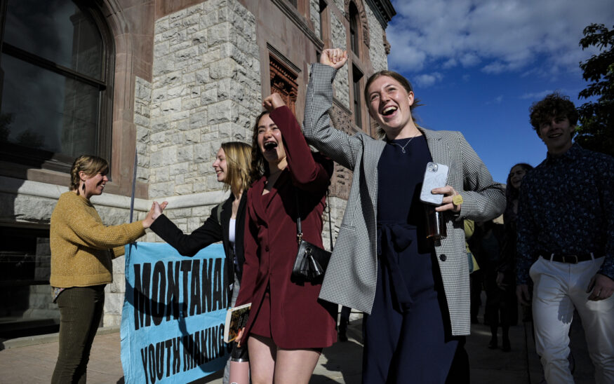 Youth plaintiffs in the climate change lawsuit, Held vs. Montana, arrive at the Lewis and Clark County Courthouse, on June 20, 2023, in Helena, Montana, for the final day of the trial. (Thom Bridge/Independent Record via AP, File)