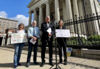 Child sexual abuse survivors and their supporters speak at a news conference outside the Baltimore Basilica. From left: Betsy Schindler, Frank Schindler, David Lorenz and Judy Lorenz. (Madeleine O'Neill/The Daily Record)