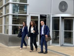 Former Baltimore State's Attorney Marilyn Mosby leaves the federal courthouse in Greenbelt with her lawyers, federal public defender James Wyda and assistant federal public defender Maggie Grace. (The Daily Record/Madeleine O'Neill)