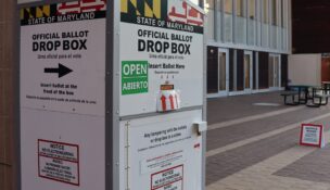 A ballot drop box outside of the Civic Building in Silver Spring