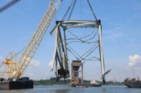 Salvage crews remove debris from the collapsed Francis Scott Key Bridge from the Fort McHenry channel on June 3, 2024. (Photo by Bobby Petty, U.S. Army Corps of Engineers, Baltimore District)