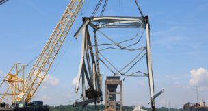 Salvage crews remove debris from the collapsed Francis Scott Key Bridge from the Fort McHenry channel on June 3, 2024. (Photo by Bobby Petty, U.S. Army Corps of Engineers, Baltimore District)