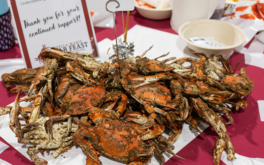 Freshly steamed crabs serve as the main attraction and main course at the 40th annual Stella Maris Crab Feast at the Maryland State Fairgrounds in 2024. (File photo by Jennifer McMenamin Photography LLC)