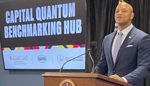 Gov. Wes Moore on April 28, 2025, announces an agreement with the Defense Advanced Research Projects Agency to develop quantum computing testing. (The Daily Record/Jack Hogan)