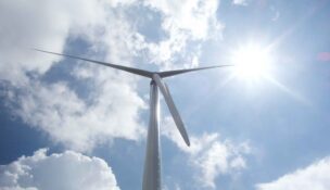 An energy-producing windmill at Dan's Mountain Wind, a wind farm in Allegany County, photographed on July 8, 2025. The state needs more such facilities to meet its climate goals. (Katelynn Winebrenner/Capital News Service)