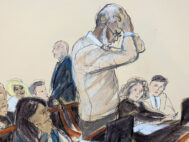 In this courtroom sketch, Sean Diddy Combs reacts as he makes a statement during his sentencing hearing in Manhattan federal court, Friday, Oct. 3, 2025, in New York. (Elizabeth Williams via AP)
