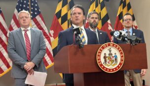 From left, House Minority Leader Jason Buckel, Senate Minority Leader Steve Hershey, House Minority Whip Jesse Pippy and Senate Minority Whip Justin Ready argue at a news conference in Annapolis on Nov. 13, 2025, that Gov. Wes Moore is bowing to national political pressure in his pursuit to review Maryland's congressional districts. (Hannah Gaskill/The Daily Record)