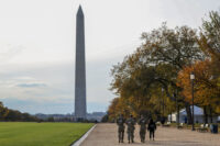 Members of the National Guard patrol the National Mall near the Washington Monument in Washington, D.C., October 27, 2025. (REUTERS/Kylie Cooper)