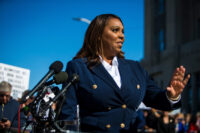 New York Attorney General, Letitia James, speaks after pleading not guilty outside the United States District Court in Norfolk, Virginia, on Oct. 24, 2025. (AP Photo/John Clark, File)