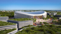 A conceptual aerial view of the proposed Washington Commanders stadium from the northwest. (Courtesy of the Washington Commanders and HKS)