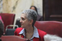 Senate Education, Energy and the Environment Committee Vice Chair Cheryl Kagan, D-Montgomery, listens to speeches on the opening day of the 2026 legislative session. (Hannah Gaskill/The Daily Record)