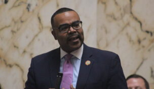 Sen. Charles Sydnor, D-Baltimore County, nominates Sen. Bill Ferguson, D-Baltimore City, as president of the Senate on the first day of the 2026 legislative session. (Hannah Gaskill/The Daily Record)