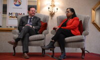 Senate President Bill Ferguson and recently confirmed House Speaker Joseline Peña-Melnyk speak at the 2026 Eye on Annapolis Summit on Jan. 14, 2026. (Maximillian Franz/The Daily Record)