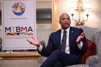 Gov. Wes Moore joined Daily Record government affairs reporter Hannah Gaskill for the 2026 Eye on Annapolis Summit on Jan. 14, 2026. (Maximillian Franz/The Daily Record)