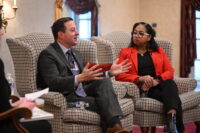 Senate President Bill Ferguson and recently confirmed House Speaker Joseline Peña-Melnyk speak at the 2026 Eye on Annapolis Summit on Jan. 14, 2026. (Maximillian Franz/The Daily Record)