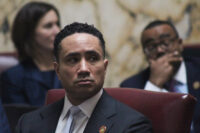 Senate Judicial Proceedings Committee Chair Will Smith, D-Montgomery, prepares for business to begin on the first day of the 2026 legislative session. (Hannah Gaskill/The Daily Record)