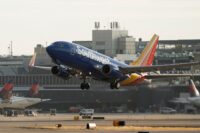 A Southwest Airlines plane takes off from Minneapolis–Saint Paul International Airport in Minneapolis on Nov. 7, 2025. (REUTERS/Tim Evans)