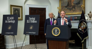 Environmental Protection Agency Administrator Lee Zeldin speaks, accompanied by President Donald Trump, at the White House in Washington, D.C., Feb. 12, 2026. (REUTERS/Jonathan Ernst)