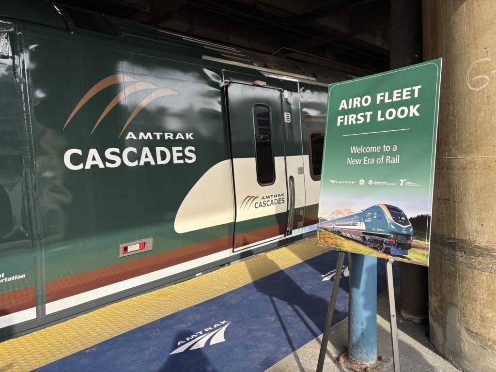 Airo will debut on the Cascades line in the Pacific Northwest. The forest green exterior evokes the region's woodsy landscape. (Andrea Sachs/The Washington Post)
