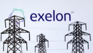Electric power transmission pylon miniatures and Exelon Corporation logo are seen in this illustration taken Dec. 9, 2022. (REUTERS/Dado Ruvic/Illustration)
