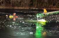 Crews from Fruitland Fire Department, Salisbury Fire Department, Salisbury Special Operations and Sharptown Dive Team responded to a vehicle into a pond on South Division Street on the evening of Feb. 11, 2026. (USA TODAY Network via Reuters Connect)