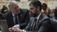 House Minority Whip Jason Buckel, R-Allegany, and Minority Whip Jesse Pippy, R-Frederick, speak before the floor session on on Jan. 20, 2026. (Hannah Gaskill/The Daily Record.