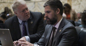 House Minority Whip Jason Buckel, R-Allegany, and Minority Whip Jesse Pippy, R-Frederick, speak before the floor session on on Jan. 20, 2026. (Hannah Gaskill/The Daily Record.