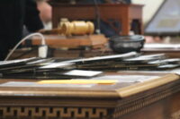 Bills stack up on House Speaker Joseline Peña-Melnyk's desk during a busy Friday session on March 20, 2026. (Hannah Gaskill/The Daily Record)
