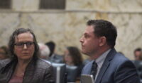House Appropriations Committee Vice Chair Anne Kaiser and Chair Ben Barnes receive gratitude from House Speaker Joseline Peña-Melnyk for their work on the budget during a Crossover Day session on March 23, 2026. (Hannah Gaskill/The Daily Record)