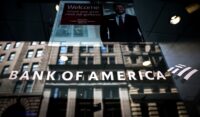 A Bank of America logo is seen on the entrance to a Bank of America financial center in New York City, on July 11, 2023. (REUTERS/Brendan McDermid)