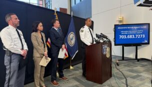 At a news conference in Alexandria, Virginia, on March 9, 2026, Prince George’s County and Alexandria officials announce charges against a former Washington, D.C., police officer accused of sexually assaulting women. (The Washington Post News Service)