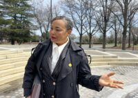 Former state Sen. Jill Carter, who represents John Dove Jr., speaks outside the Maryland Supreme Court building after oral arguments on March 30, 2026. (Ian Round/The Daily Record)