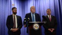 Dels. Jesse Pippy (left), R-Frederick, Jason Buckel (center), R-Allegany, and Jefferson Ghrist (right), R-Kent, Queen Anne's, Cecil and Caroline, talk about temporarily pausing gas taxes at a news conference March 25, 2026. (Alexander Taylor/Capital News Service)