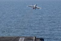 An F/A-18E Super Hornet takes off from the U.S. Navy Nimitz-class aircraft carrier USS Abraham Lincoln in support of the Operation Epic Fury attack on Iran on Feb. 28, 2026. (U.S. Navy/Handout via REUTERS)