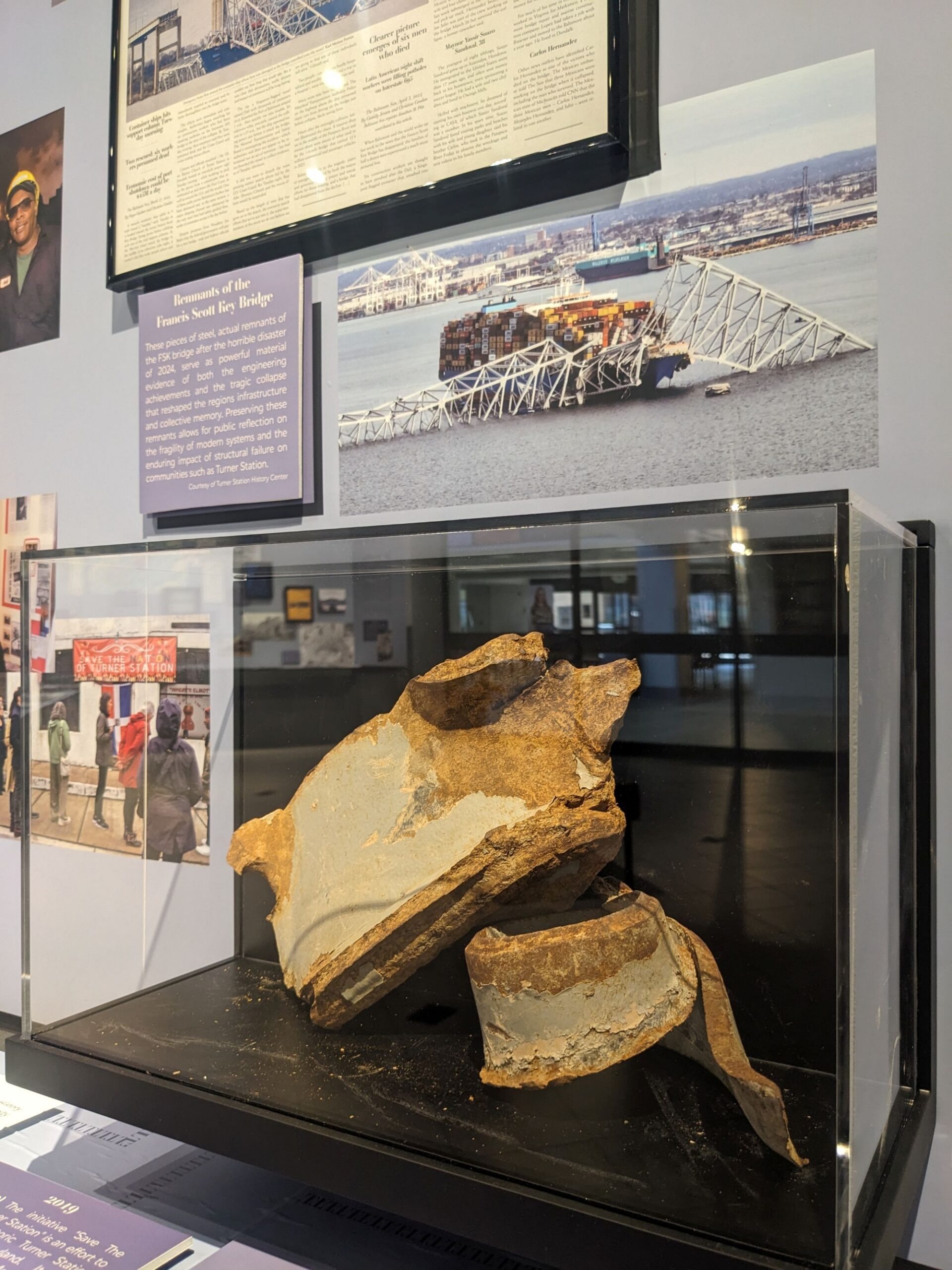 Artifacts on display at the Dundalk Community Gallery include remnants of the Key Bridge. Residents of the community often worked at the Bethlehem Steel plant, where the metal for the bridge was manufactured in the 1970s. Many of those still living in the neighborhood could see and hear the bridge's tragic collapse in 2024. (Eye See You Photography LLC/Zeinab Shafiee/Samantha Trionfo)
